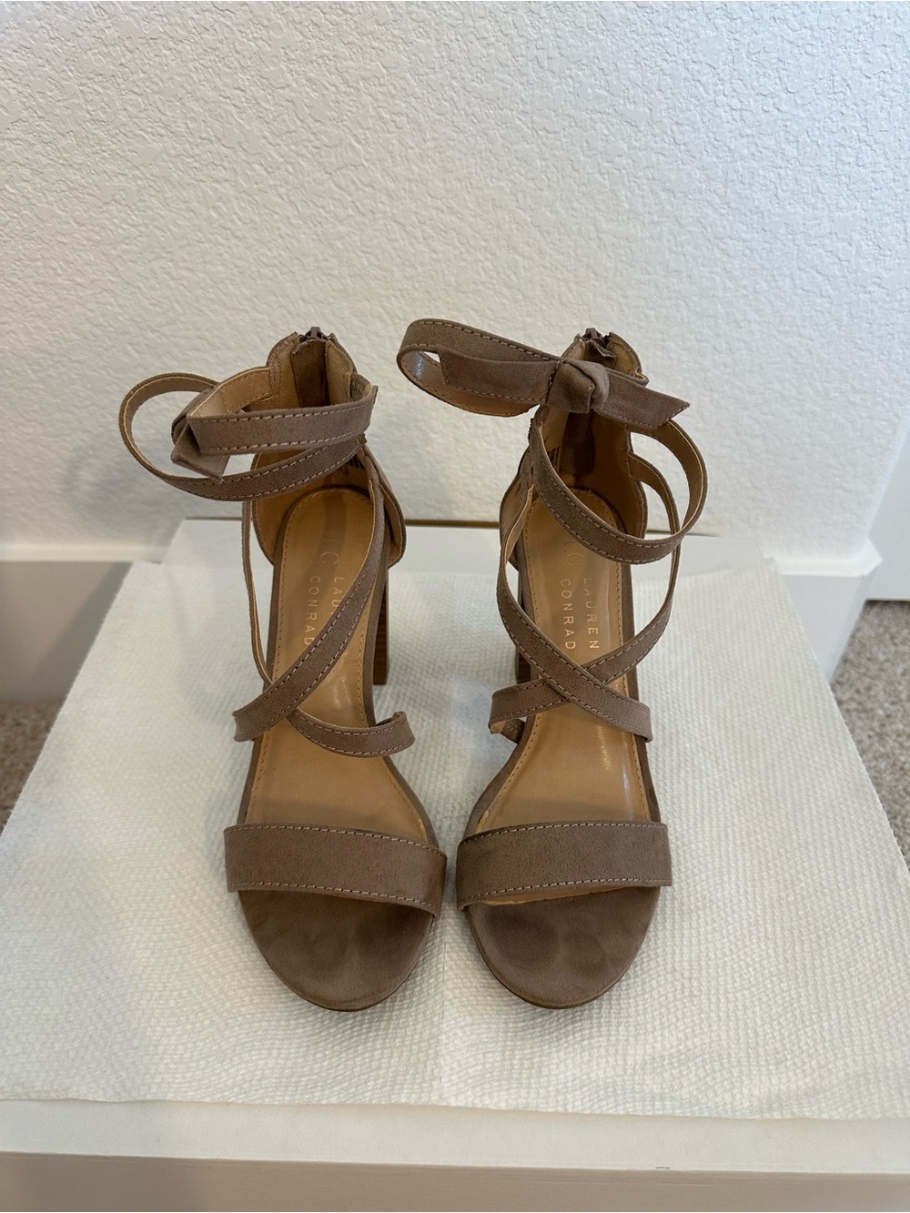 LC Lauren Conrad Taupe Crisscross Ankle Tie Heels